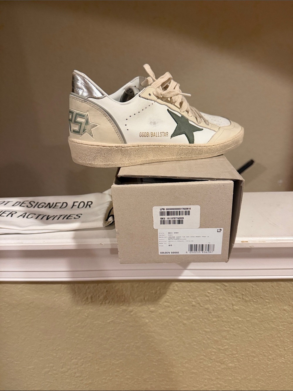Golden Goose Women’s White Sneakers with Green Star and Silver Heel